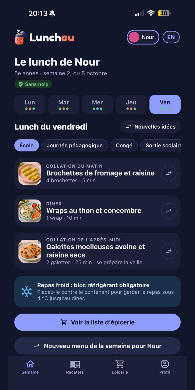 Menu de la semaine dans Lunchou